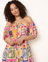 Postcard Tie Front Bardot Shirred Midi Dress