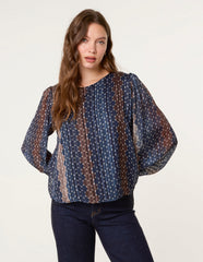 Crew Neck Metallic Chiffon Top