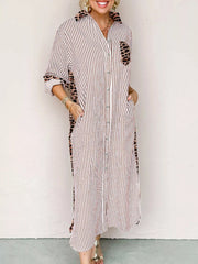 Striped Leopard Print Button Up Shirt Dress