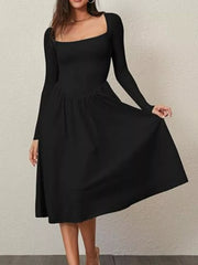 Square Neck Long Sleeve Midi Dress