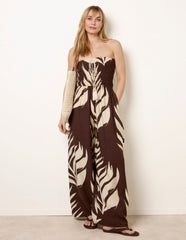 Printed Bandeau Tie Neck Shirred Jumpsuit