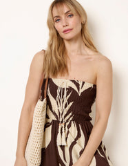 Printed Bandeau Tie Neck Shirred Jumpsuit