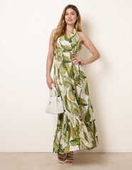 Leaf Print Halter Neck Dress