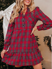 Plaid Shirt Collar Half Button Ruffle Hem Long Sleeve Mini Dress