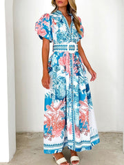 Printed Puff Sleeve Midi Dress