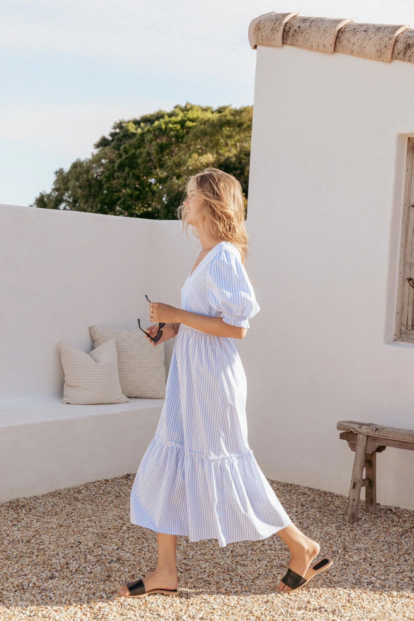 Steele Puff Sleeve Midi Dress - Blue Stripe