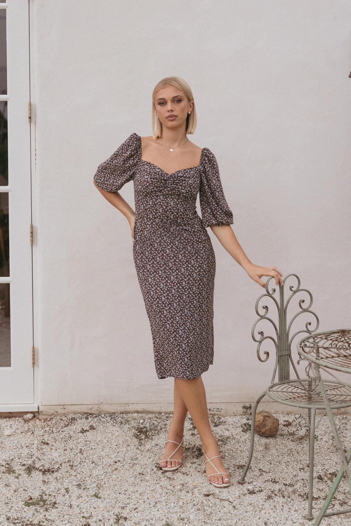 Oona Midi Dress - Brown Blue Floral