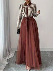 Plaid Long Sleeve Tulle Maxi Dress