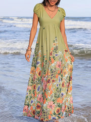 Backless Printed V-Neck Short Sleeve Maxi Dress