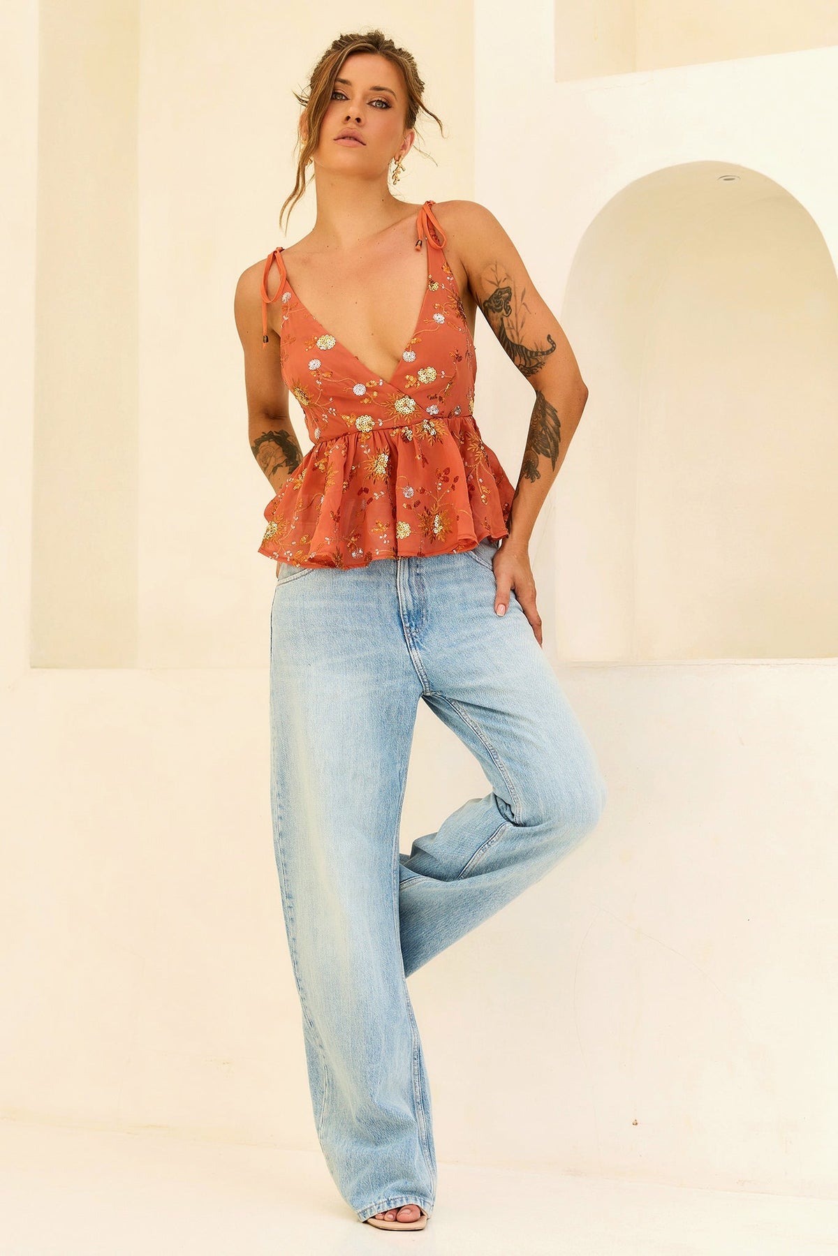 Moonbeam Luxe Sequin Chiffon Top - Orange