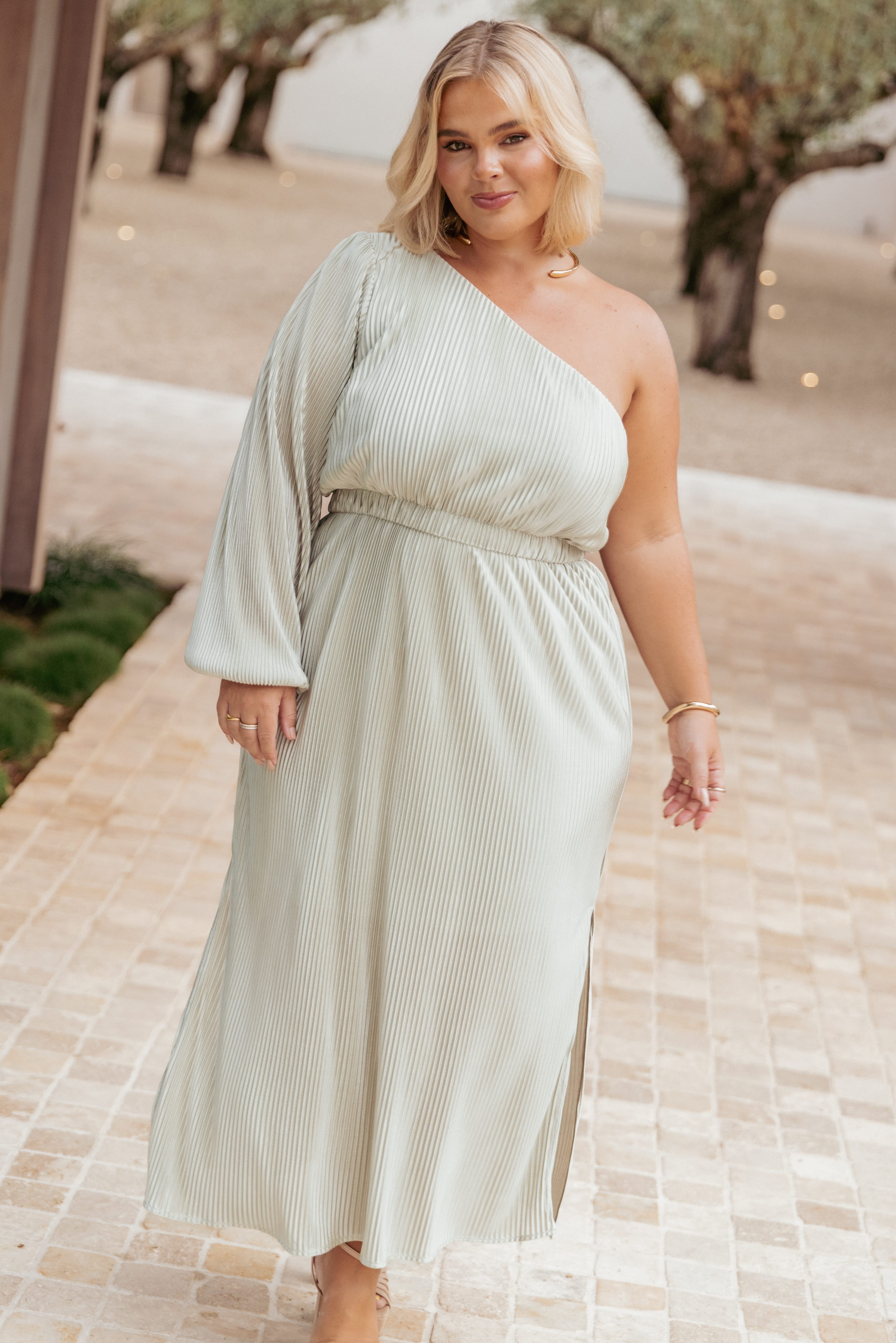 Pontee One Shoulder Pleated Midi Dress - Sage Green