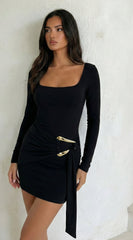 Aloria Square Neck Draped Mini Dress - Black